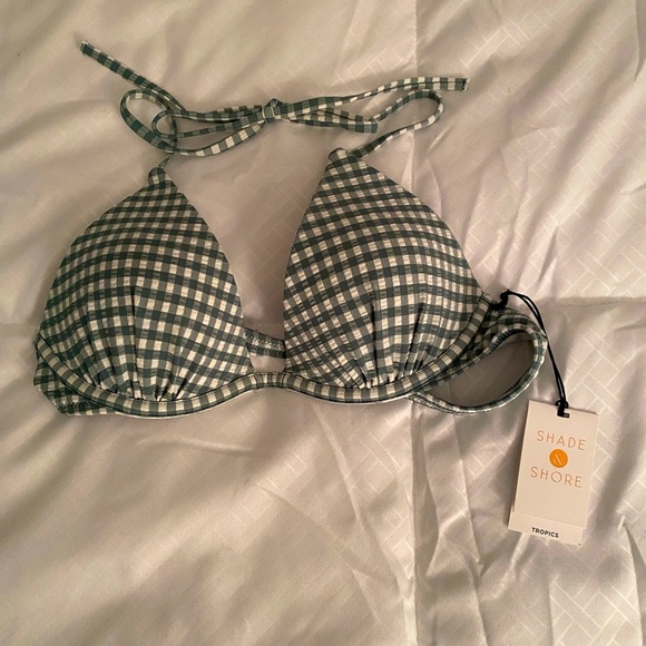 Brand New!  Shade & Shore, 34A,  seersucker, sage, halter bikini top. - Picture 2 of 8